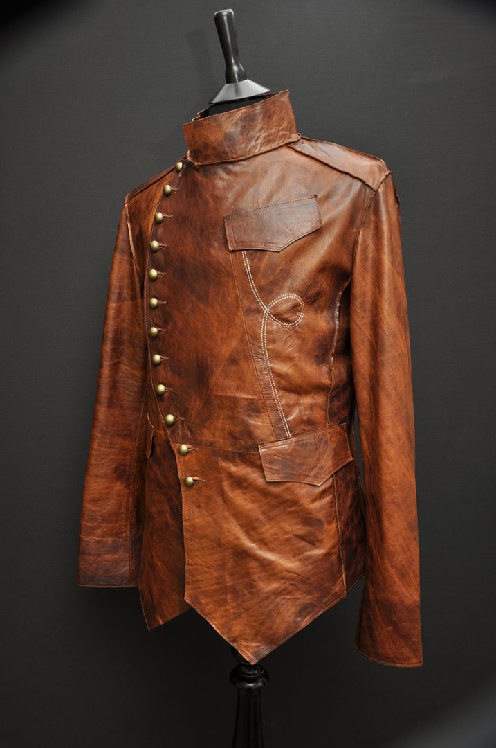 MENS LEATHER STEAMPUNK ROCK MILITARY JACKET UNIQUE TAN
